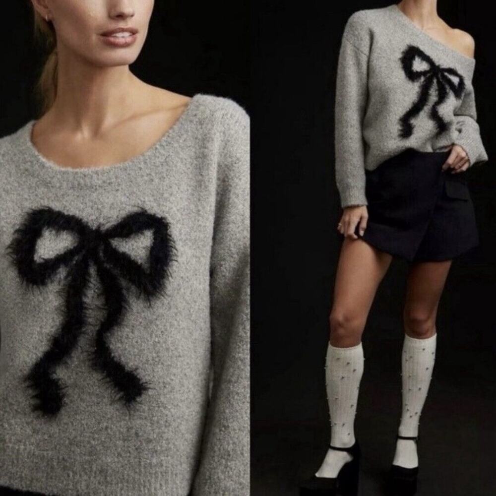 Maeve Bow Icon Sparkle Grey Bow Sweater Womens Medium Knit - Picture 2 of 11